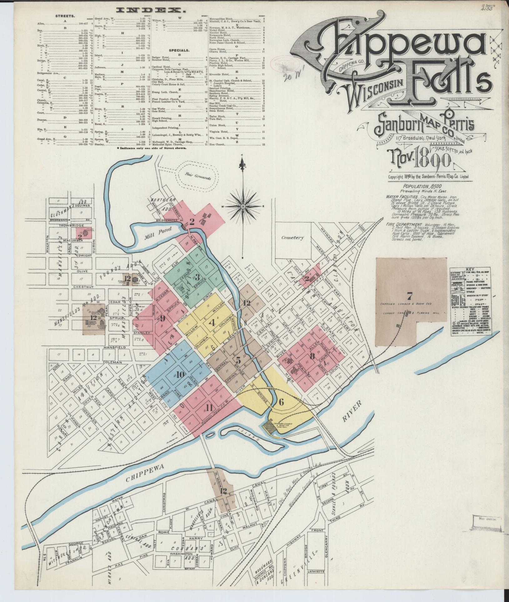 Sanborn Fire Insurance Map from Chippewa Falls, Chippewa County, Wisconsin (1890), Sheet #0001 - Complete Map Set gallery image, historic Sanborn map, vintage wall art, Wisconsin Wisconsin