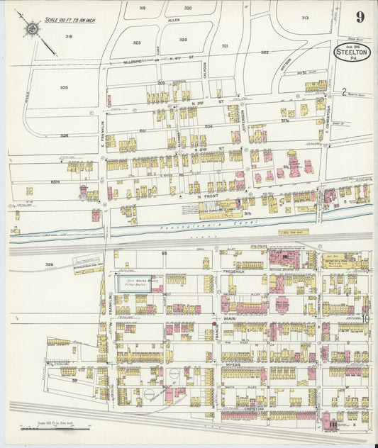 Sanborn Fire Insurance Map from Steelton, Dauphin County, Pennsylvania (1915), Sheet #0009 - Historic Sanborn Fire Insurance Map Print, vintage old map wall art, antique decor, genealogy gift, Pennsylvania Pennsylvania map