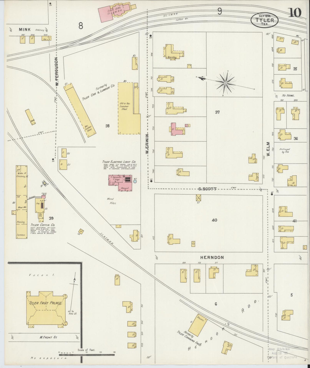 Sanborn Fire Insurance Map from Tyler, Smith County, Texas (1898), Sheet #0010 - Historic Sanborn Fire Insurance Map Print, vintage old map wall art, antique decor, genealogy gift, Texas Texas map