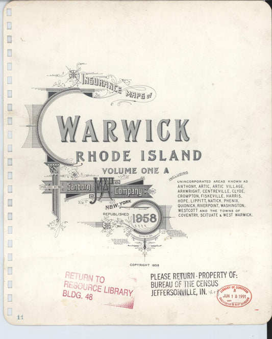 Sanborn Fire Insurance Map from Warwick, Kent County, Rhode Island (1963), Sheet #0001 - Historic Sanborn Fire Insurance Map Print, vintage old map wall art, antique decor, genealogy gift, Rhode Island Rhode Island map