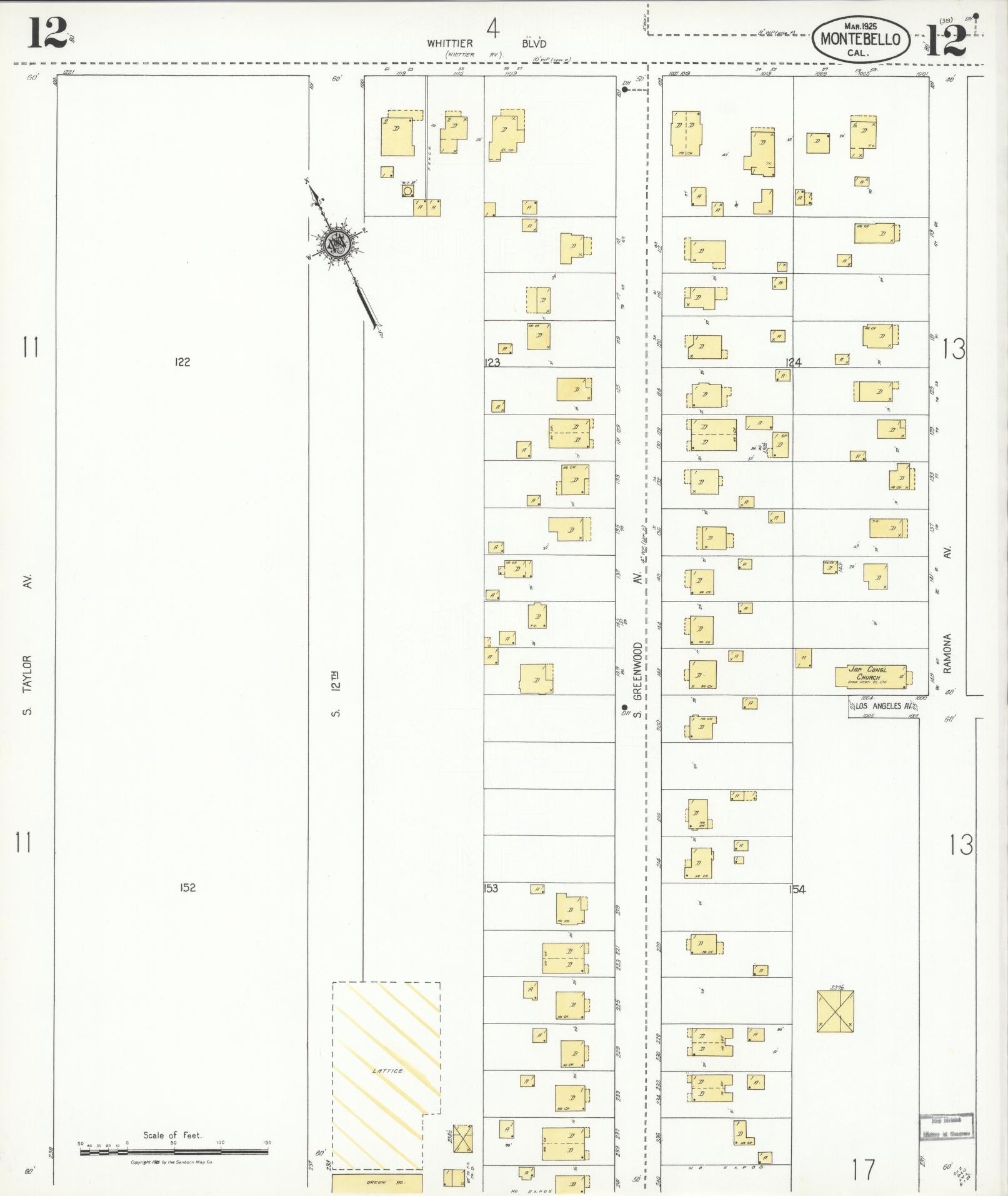 Sanborn Fire Insurance Map from Montebello, Los Angeles County, California (1925), Sheet #0012 - Complete Map Set gallery image, historic Sanborn map, vintage wall art, California California