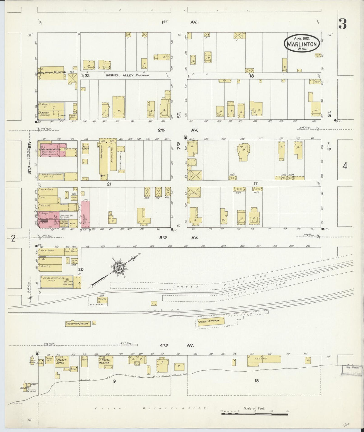 Sanborn Fire Insurance Map from Marlinton, Pocahontas County, West Virginia (1912), Sheet #0003 - Complete Map Set gallery image, historic Sanborn map, vintage wall art, West Virginia West Virginia
