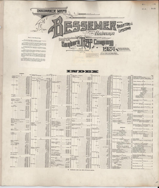 Sanborn Fire Insurance Map from Bessemer, Jefferson County, Alabama (1950), Sheet #0001 - Historic Sanborn Fire Insurance Map Print, vintage old map wall art, antique decor, genealogy gift, Alabama Alabama map