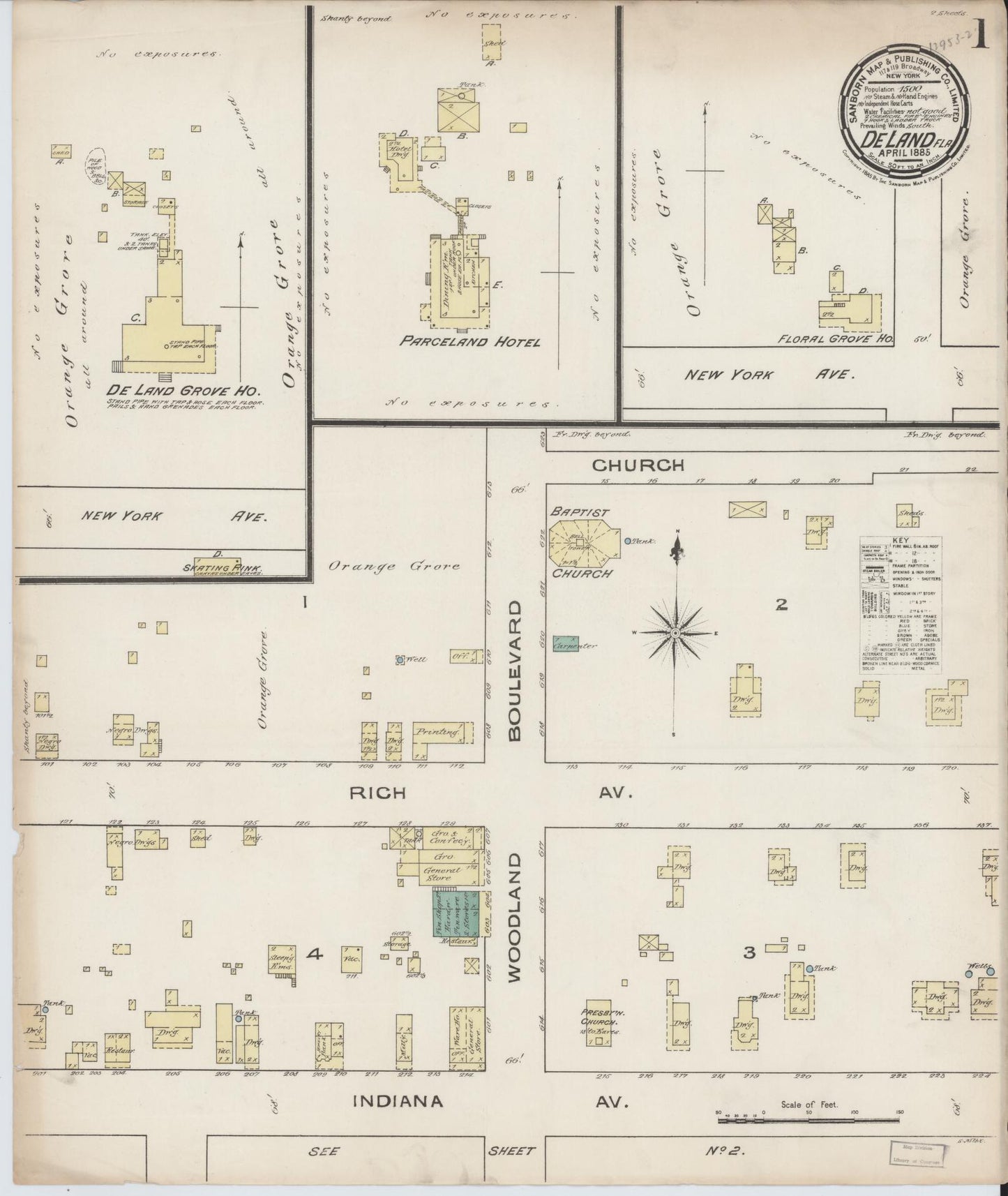 Sanborn Fire Insurance Map from De Land, Volusia County, Florida (1885), Sheet #0001 - Historic Sanborn Fire Insurance Map Print, vintage old map wall art, antique decor, genealogy gift, Florida Florida map