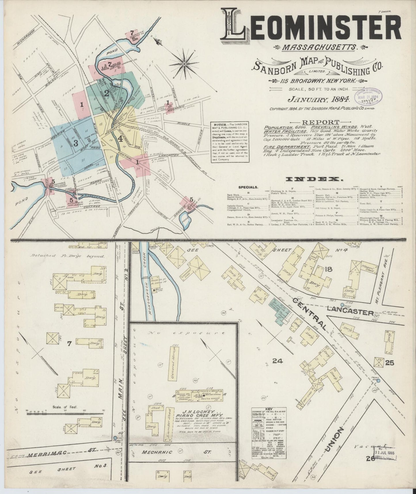 Sanborn Fire Insurance Map from Leominster, Worcester County, Massachusetts (1884), Sheet #0001 - Historic Sanborn Fire Insurance Map Print, vintage old map wall art, antique decor, genealogy gift, Massachusetts Massachusetts map
