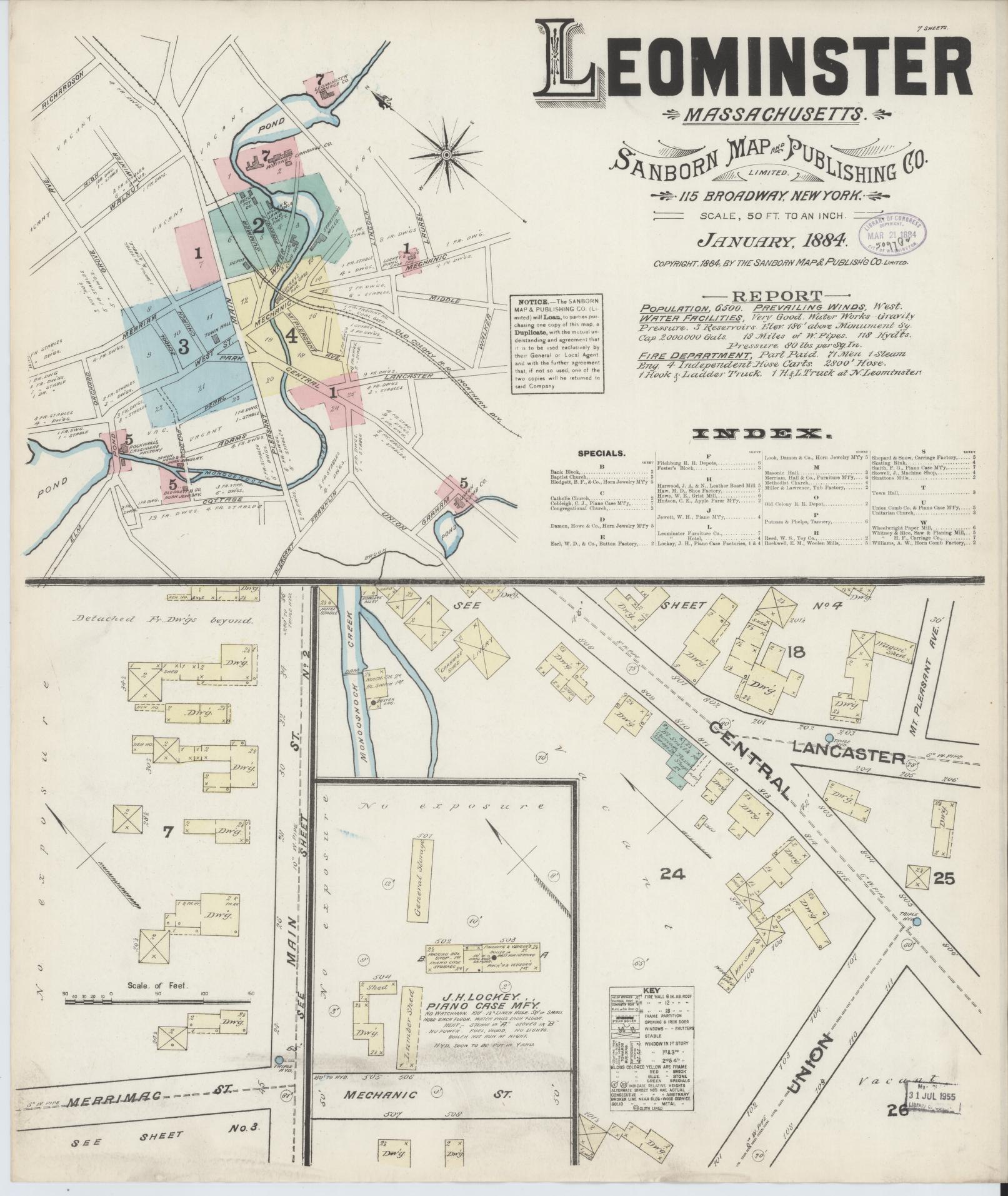 Sanborn Fire Insurance Map from Leominster, Worcester County, Massachusetts (1884), Sheet #0001 - Historic Sanborn Fire Insurance Map Print, vintage old map wall art, antique decor, genealogy gift, Massachusetts Massachusetts map