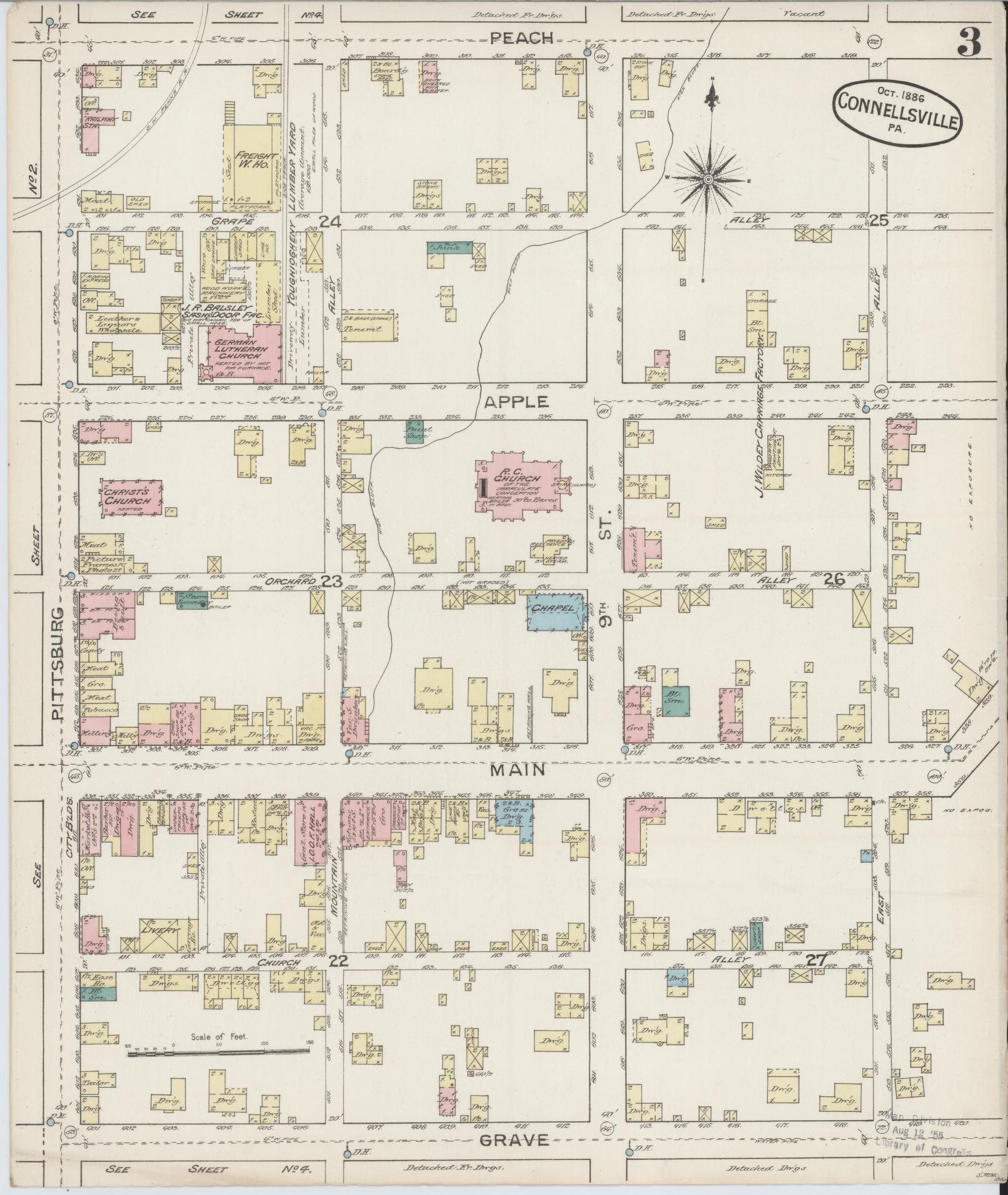 Sanborn Fire Insurance Map from Connellsville, Fayette County, Pennsylvania (1886), Sheet #0003 - Historic Sanborn Fire Insurance Map Print, vintage old map wall art, antique decor, genealogy gift, Pennsylvania Pennsylvania map