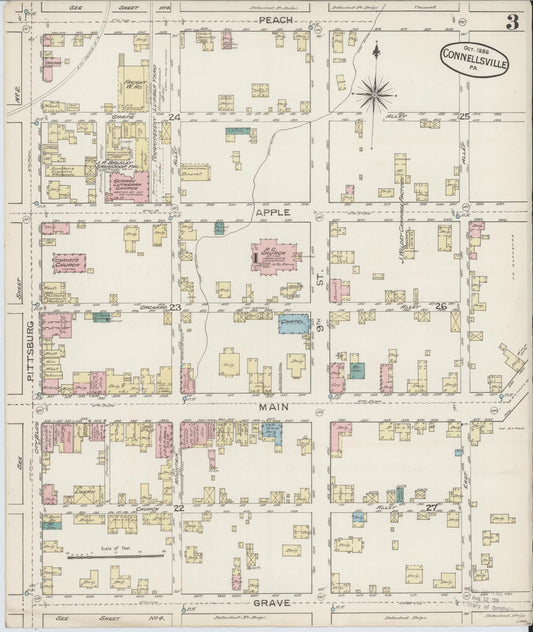Sanborn Fire Insurance Map from Connellsville, Fayette County, Pennsylvania (1886), Sheet #0003 - Historic Sanborn Fire Insurance Map Print, vintage old map wall art, antique decor, genealogy gift, Pennsylvania Pennsylvania map