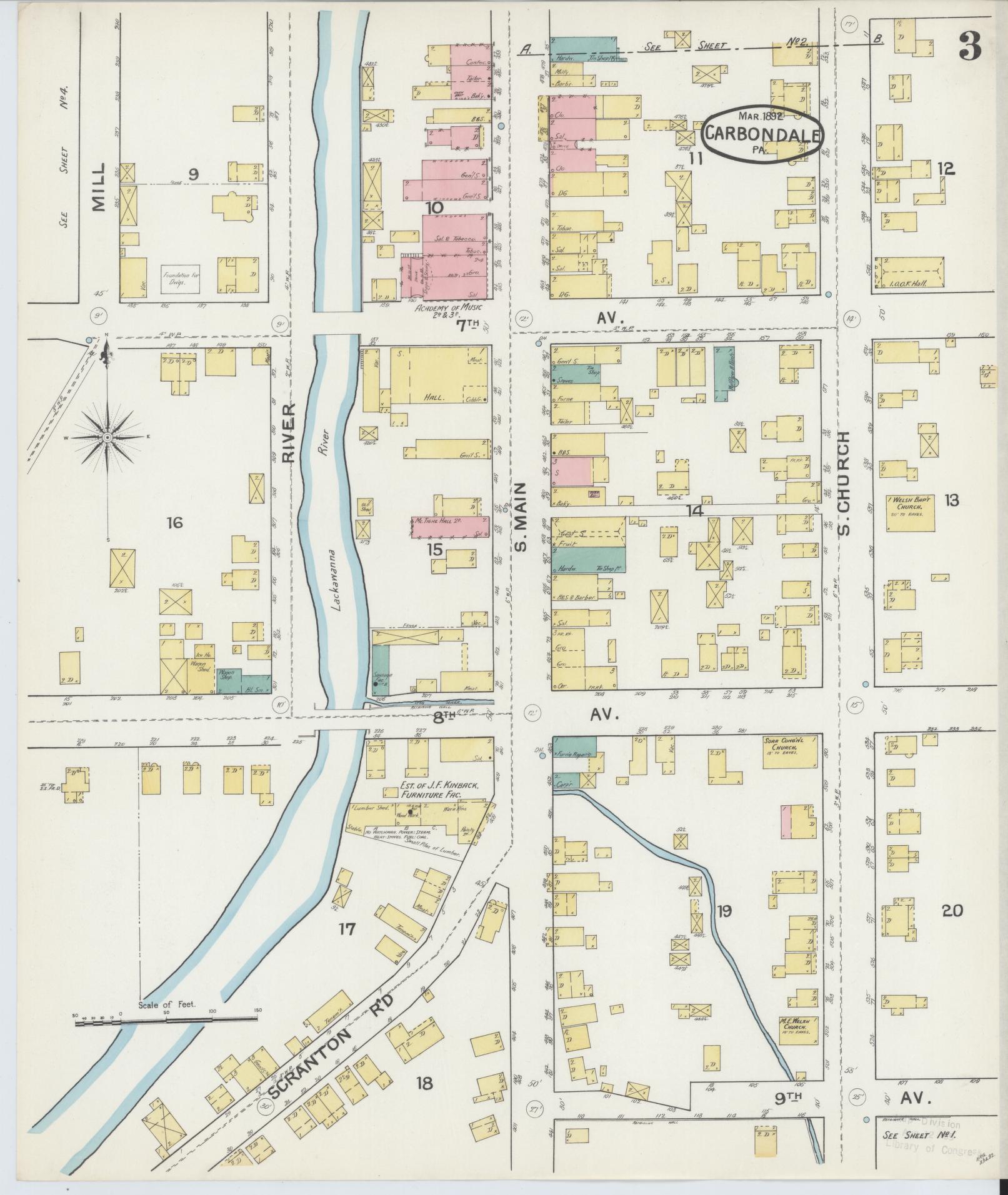 Sanborn Fire Insurance Map from Carbondale, Lackawanna County, Pennsylvania (1892), Sheet #0003 - Historic Sanborn Fire Insurance Map Print, vintage old map wall art, antique decor, genealogy gift, Pennsylvania Pennsylvania map