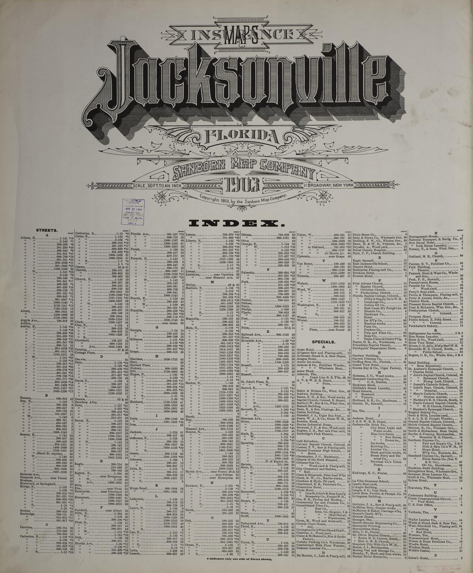 Sanborn Fire Insurance Map from Jacksonville, Duval County, Florida (1903), Sheet #0001 - Historic Sanborn Fire Insurance Map Print, vintage old map wall art, antique decor, genealogy gift, Florida Florida map