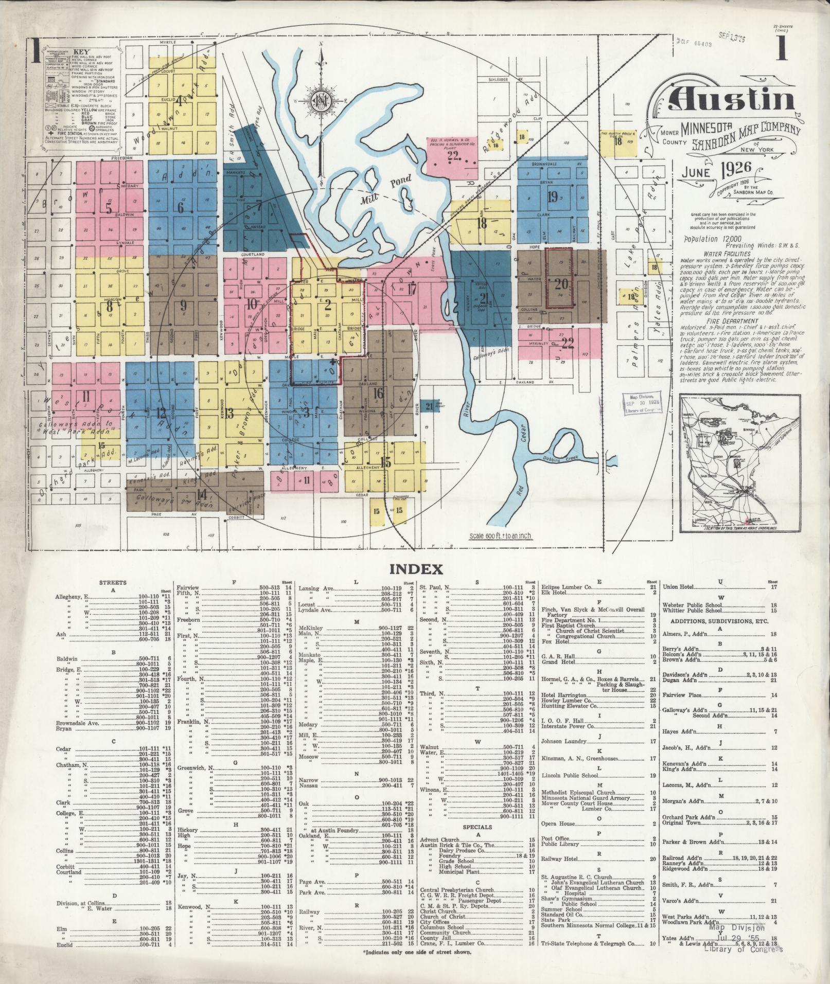 Sanborn Fire Insurance Map from Austin, Mower County, Minnesota (1926), Sheet #0001 - Historic Sanborn Fire Insurance Map Print, vintage old map wall art, antique decor, genealogy gift, Minnesota Minnesota map