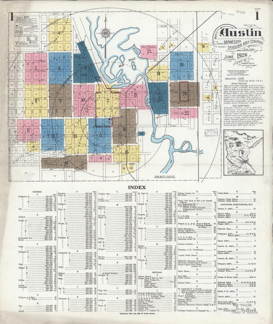 Sanborn Fire Insurance Map from Austin, Mower County, Minnesota (1926), Sheet #0001 - Historic Sanborn Fire Insurance Map Print, vintage old map wall art, antique decor, genealogy gift, Minnesota Minnesota map