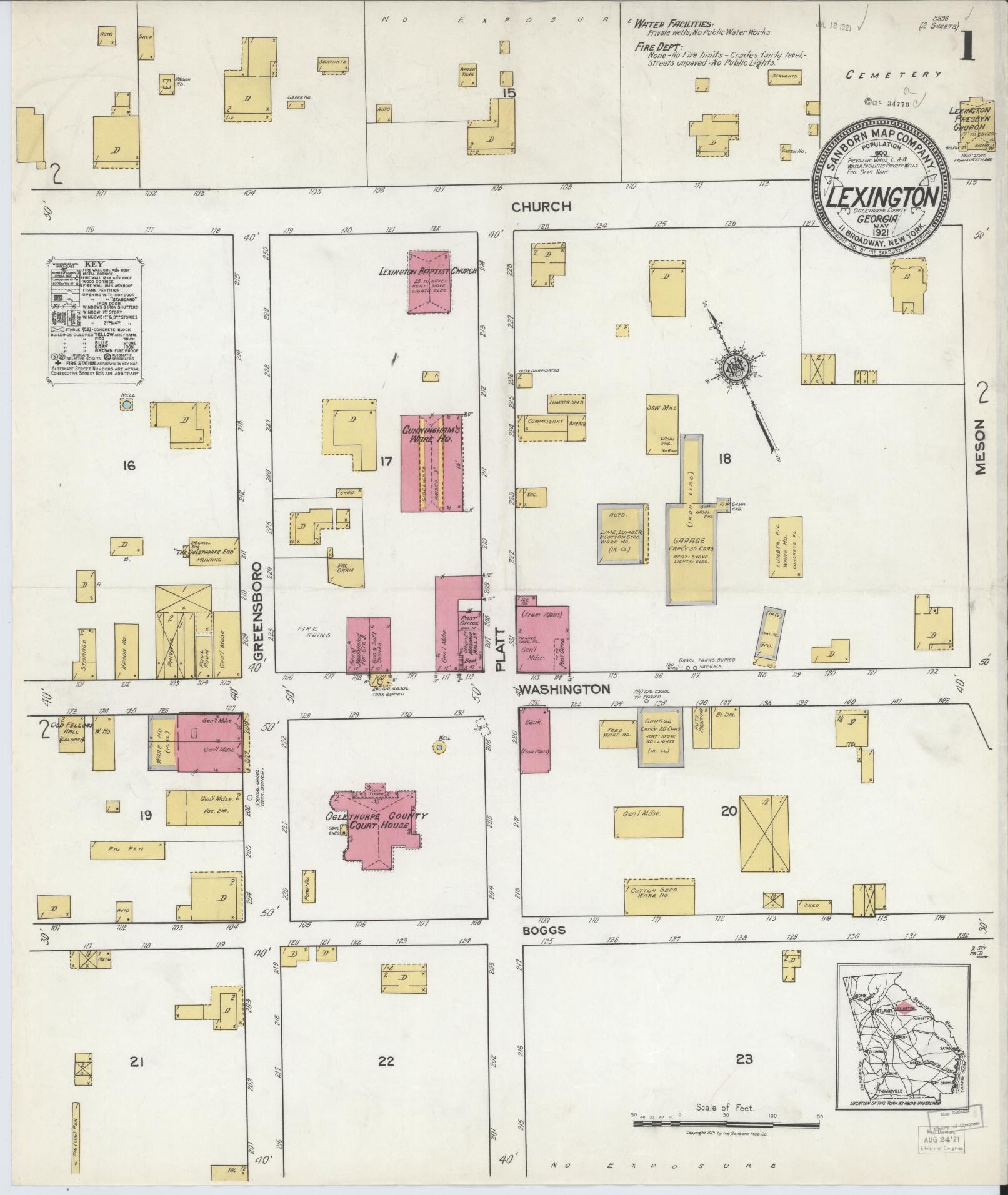 Sanborn Fire Insurance Map from Lexington, Oglethorpe County, Georgia (1921), Sheet #0001 - Complete Map Set gallery image, historic Sanborn map, vintage wall art, Georgia Georgia