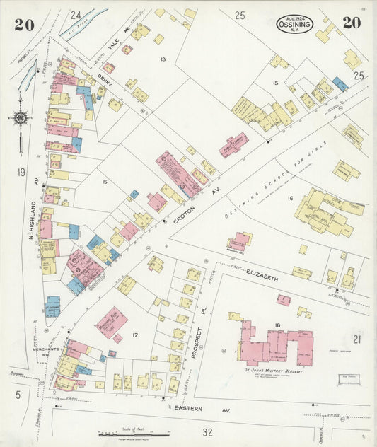 Sanborn Fire Insurance Map from Ossining, Westchester County, New York (1924), Sheet #0020 - Historic Sanborn Fire Insurance Map Print, vintage old map wall art, antique decor, genealogy gift, New York New York map
