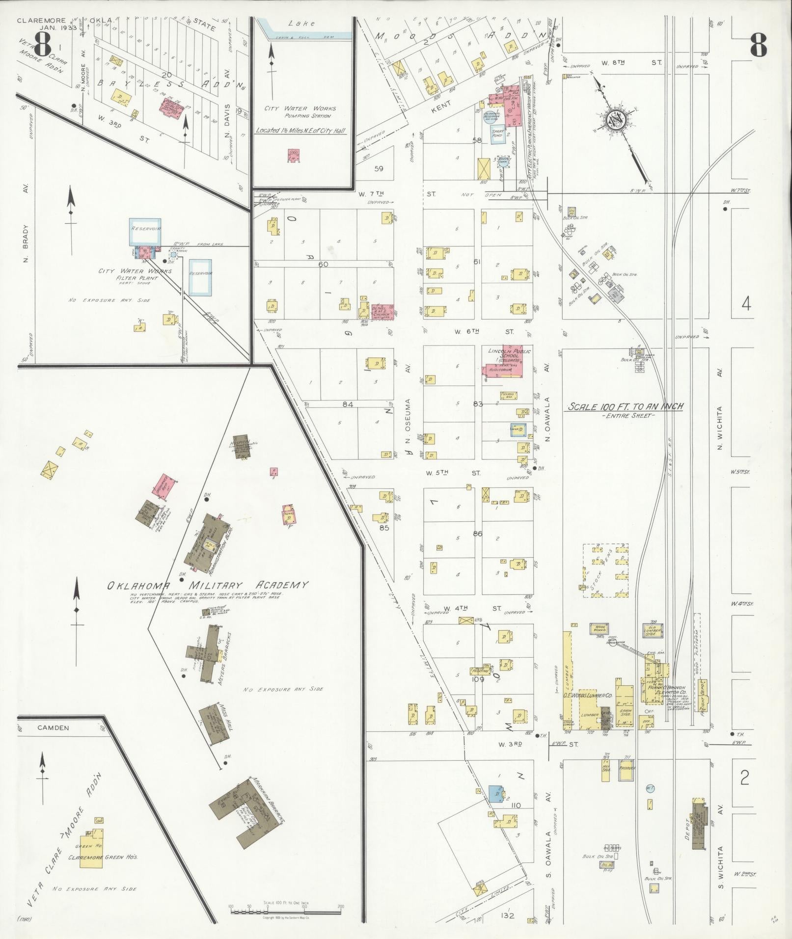Sanborn Fire Insurance Map from Claremore, Rogers County, Oklahoma (1933), Sheet #0008 - Historic Sanborn Fire Insurance Map Print, vintage old map wall art, antique decor, genealogy gift, Oklahoma Oklahoma map