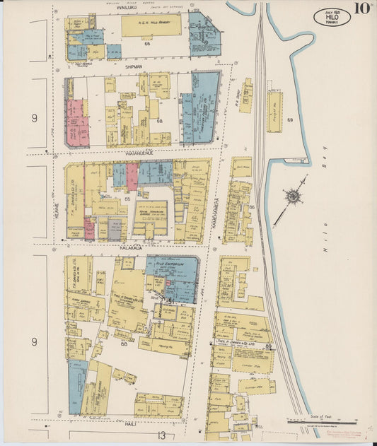 Sanborn Fire Insurance Map from Hilo, Hawaii County, Hawaii (1921), Sheet #0010 - Historic Sanborn Fire Insurance Map Print, vintage old map wall art