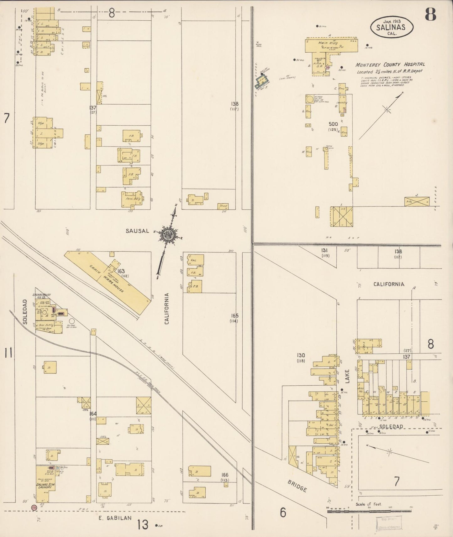 Sanborn Fire Insurance Map from Salinas, Monterey County, California (1913), Sheet #0008 - Complete Map Set gallery image, historic Sanborn map, vintage wall art, California California