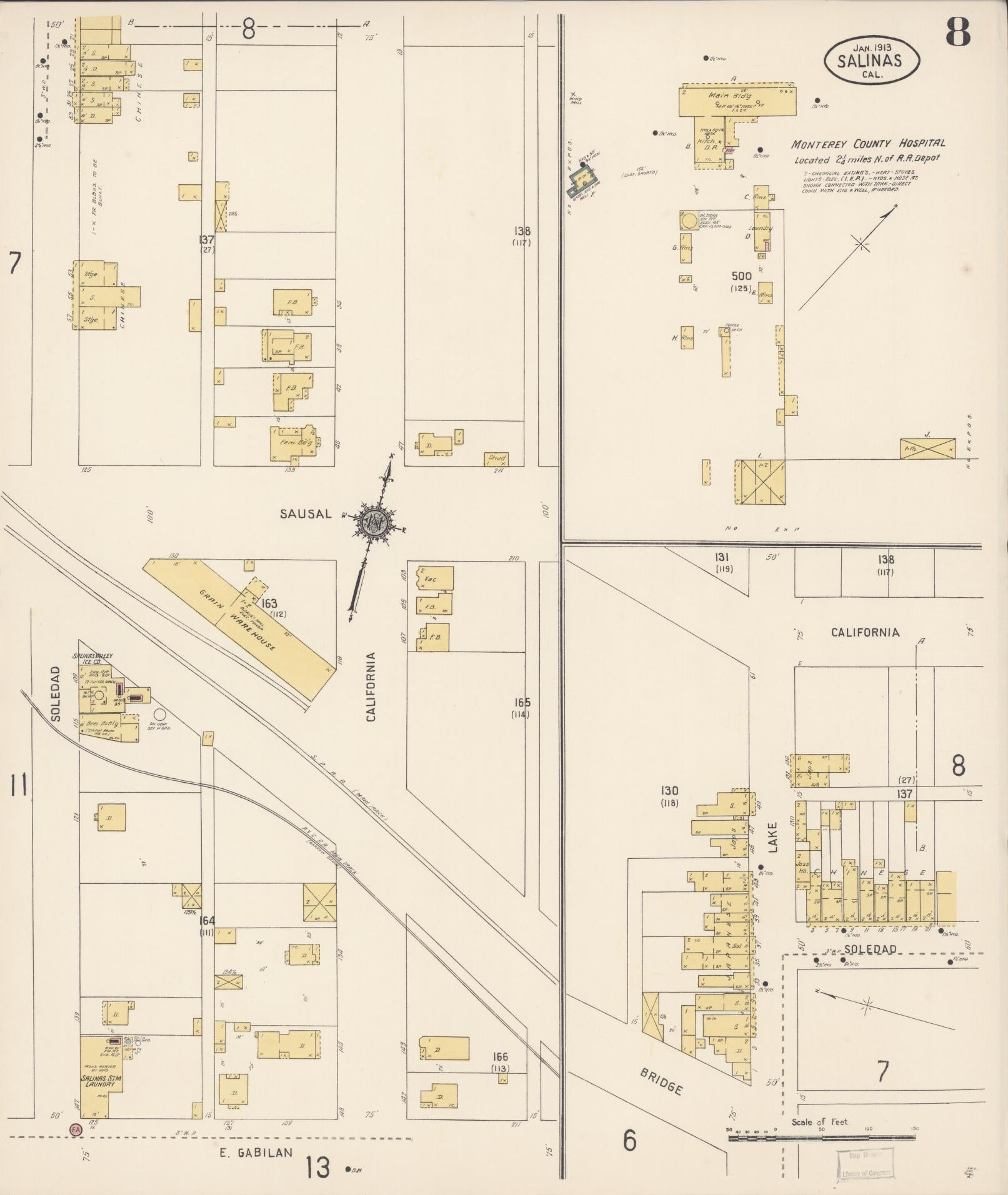 Sanborn Fire Insurance Map from Salinas, Monterey County, California (1913), Sheet #0008 - Complete Map Set gallery image, historic Sanborn map, vintage wall art, California California