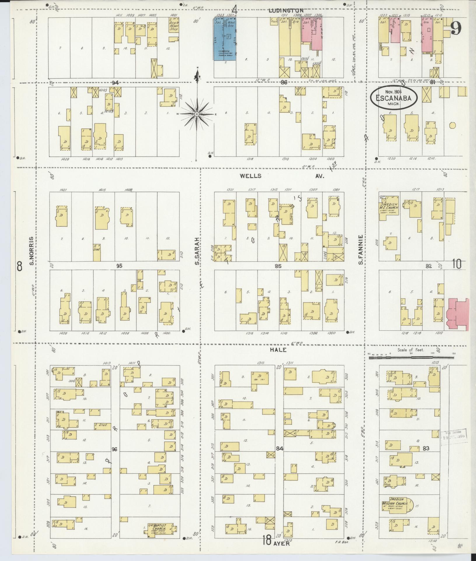 Sanborn Fire Insurance Map from Escanaba, Delta County, Michigan (1906), Sheet #0009 - Historic Sanborn Fire Insurance Map Print, vintage old map wall art, antique decor, genealogy gift, Michigan Michigan map