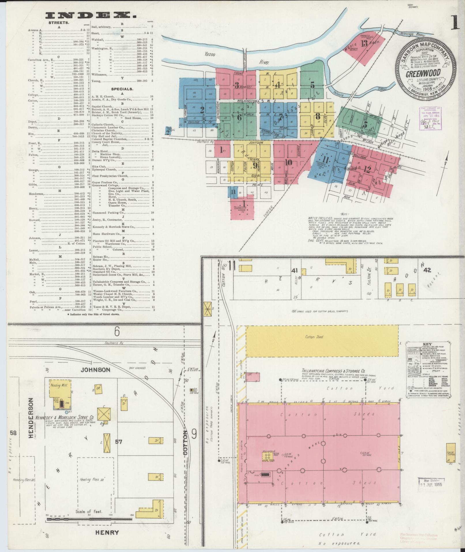 Sanborn Fire Insurance Map from Greenwood, Leflore County, Mississippi (1905), Sheet #0001 - Historic Sanborn Fire Insurance Map Print, vintage old map wall art, antique decor, genealogy gift, Mississippi Mississippi map