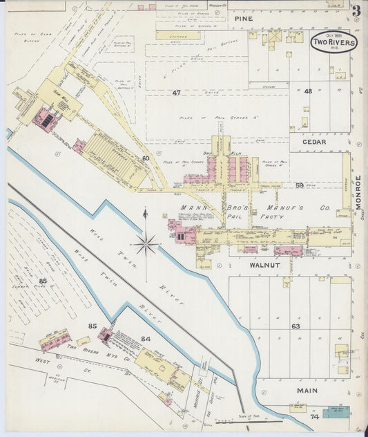 Sanborn Fire Insurance Map from Two Rivers, Manitowoc County, Wisconsin (1891), Sheet #0003 - Historic Sanborn Fire Insurance Map Print, vintage old map wall art, antique decor, genealogy gift, Wisconsin Wisconsin map