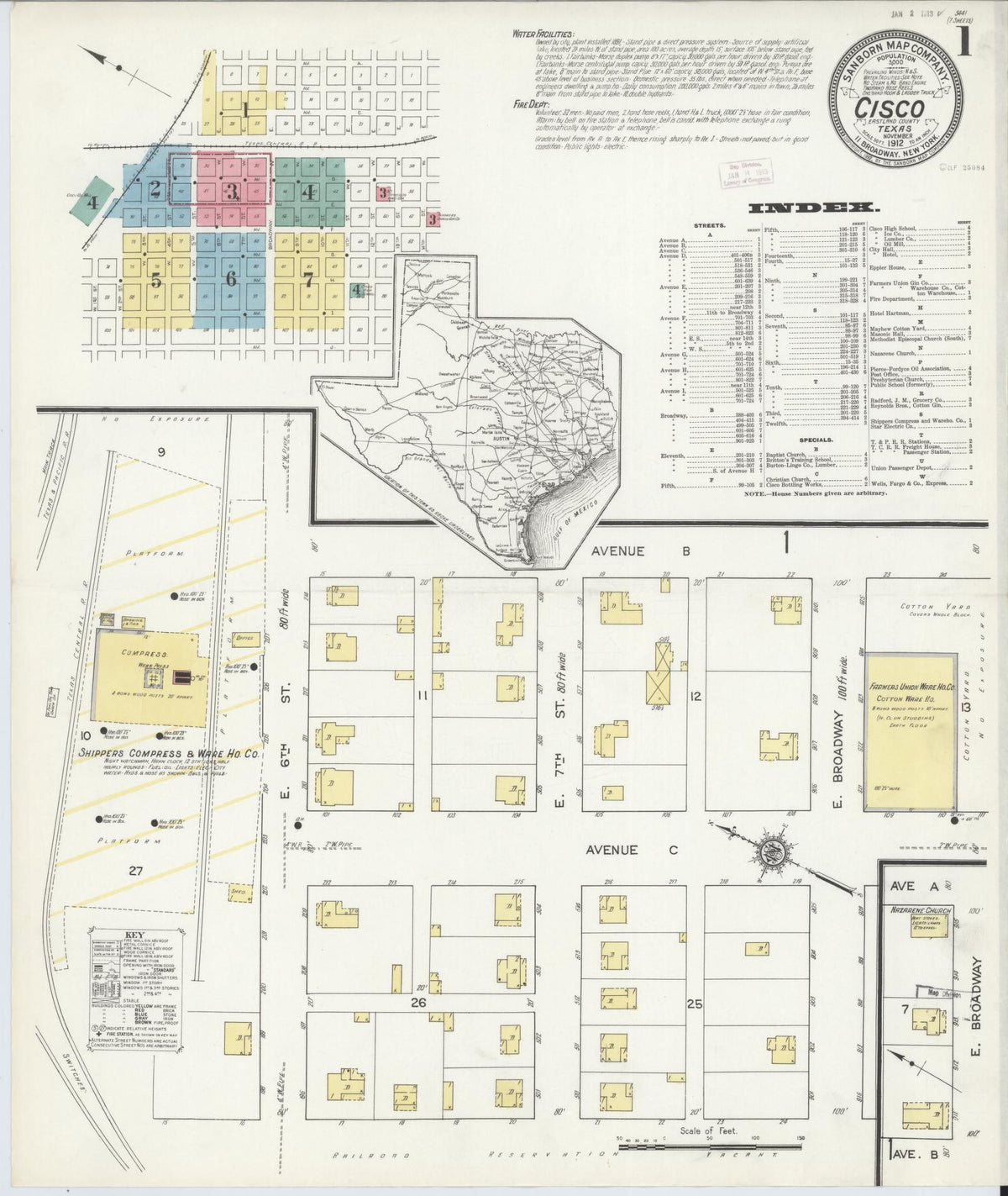 Sanborn Fire Insurance Map from Cisco, Eastland County, Texas (1912), Sheet #0001 - Complete Map Set gallery image, historic Sanborn map, vintage wall art, Texas Texas