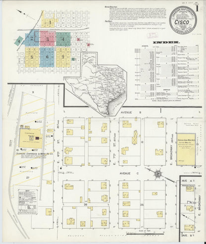 Sanborn Fire Insurance Map from Cisco, Eastland County, Texas (1912), Sheet #0001 - Complete Map Set gallery image, historic Sanborn map, vintage wall art, Texas Texas