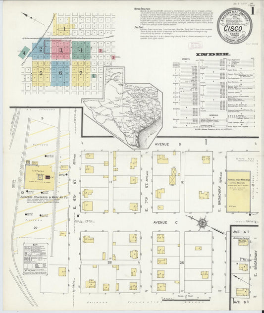 Sanborn Fire Insurance Map from Cisco, Eastland County, Texas (1912), Sheet #0001 - Complete Map Set gallery image, historic Sanborn map, vintage wall art, Texas Texas