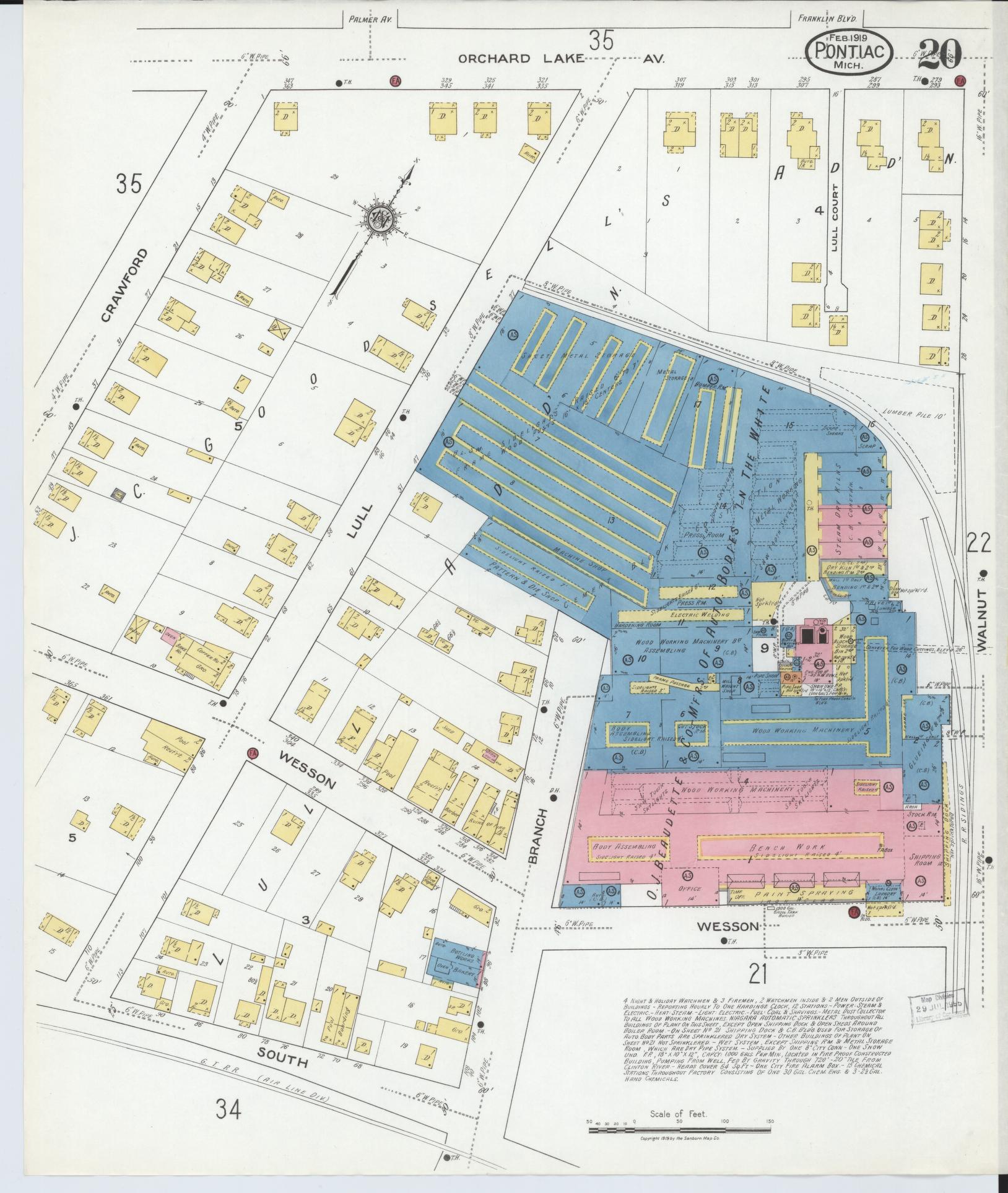 Sanborn Fire Insurance Map from Pontiac, Oakland County, Michigan (1919), Sheet #0020 - Historic Sanborn Fire Insurance Map Print, vintage old map wall art, antique decor, genealogy gift, Michigan Michigan map