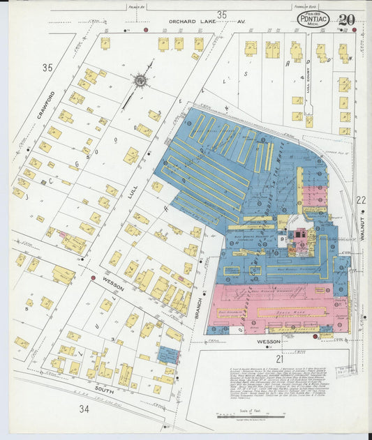 Sanborn Fire Insurance Map from Pontiac, Oakland County, Michigan (1919), Sheet #0020 - Historic Sanborn Fire Insurance Map Print, vintage old map wall art, antique decor, genealogy gift, Michigan Michigan map