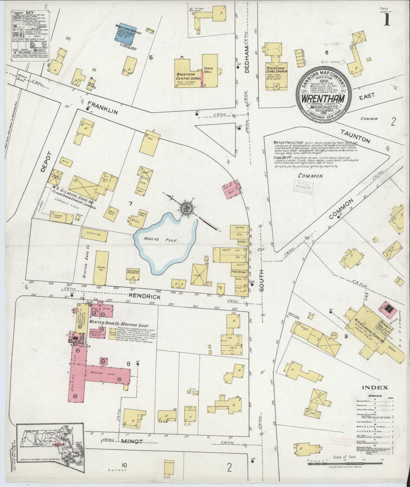 Sanborn Fire Insurance Map from Wrentham, Norfolk County, Massachusetts. (1919) – Historic Sanborn Fire Insurance Map Print