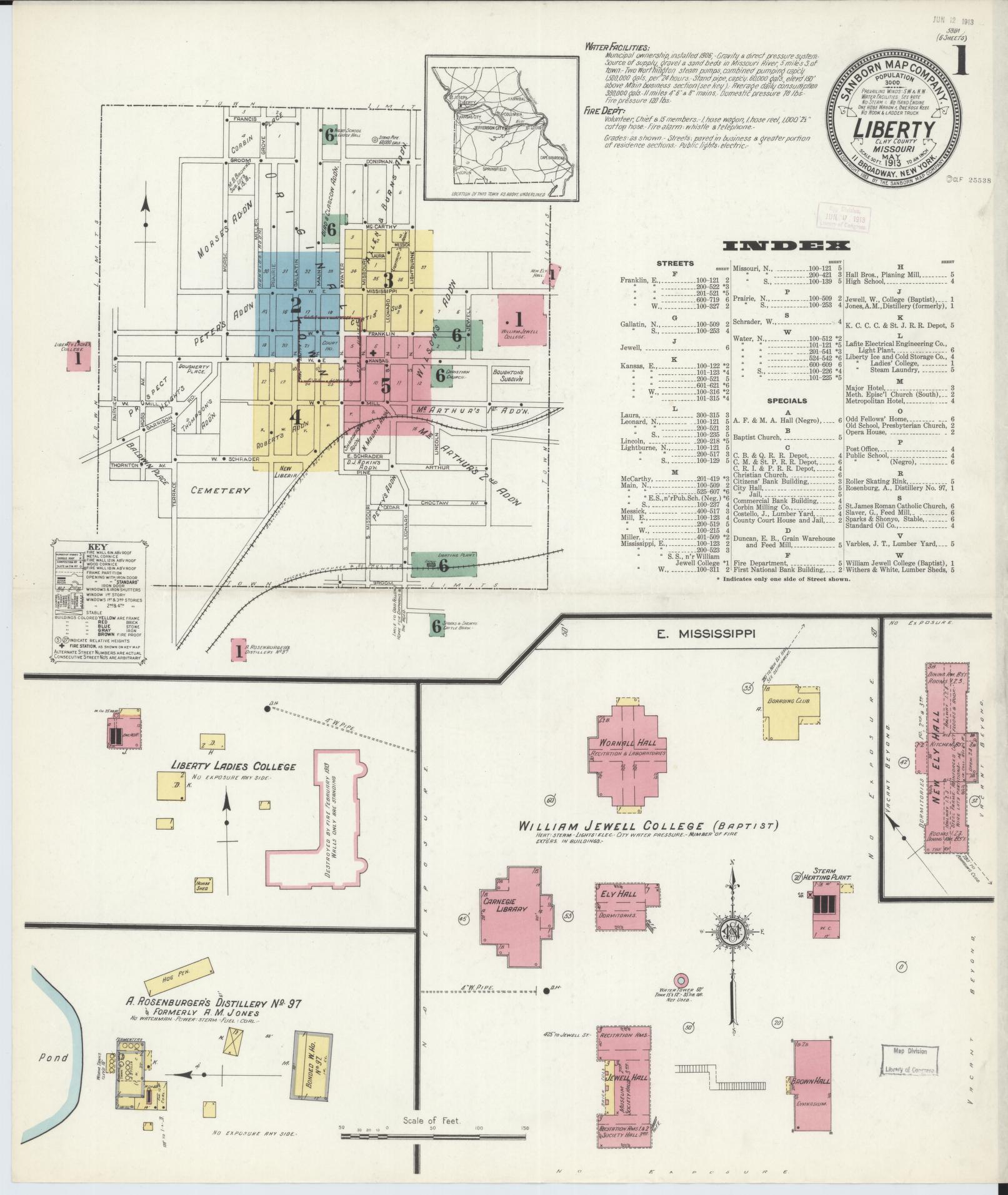 Sanborn Fire Insurance Map from Liberty, Clay County, Missouri (1913), Sheet #0001 - Historic Sanborn Fire Insurance Map Print, vintage old map wall art, antique decor, genealogy gift, Missouri Missouri map