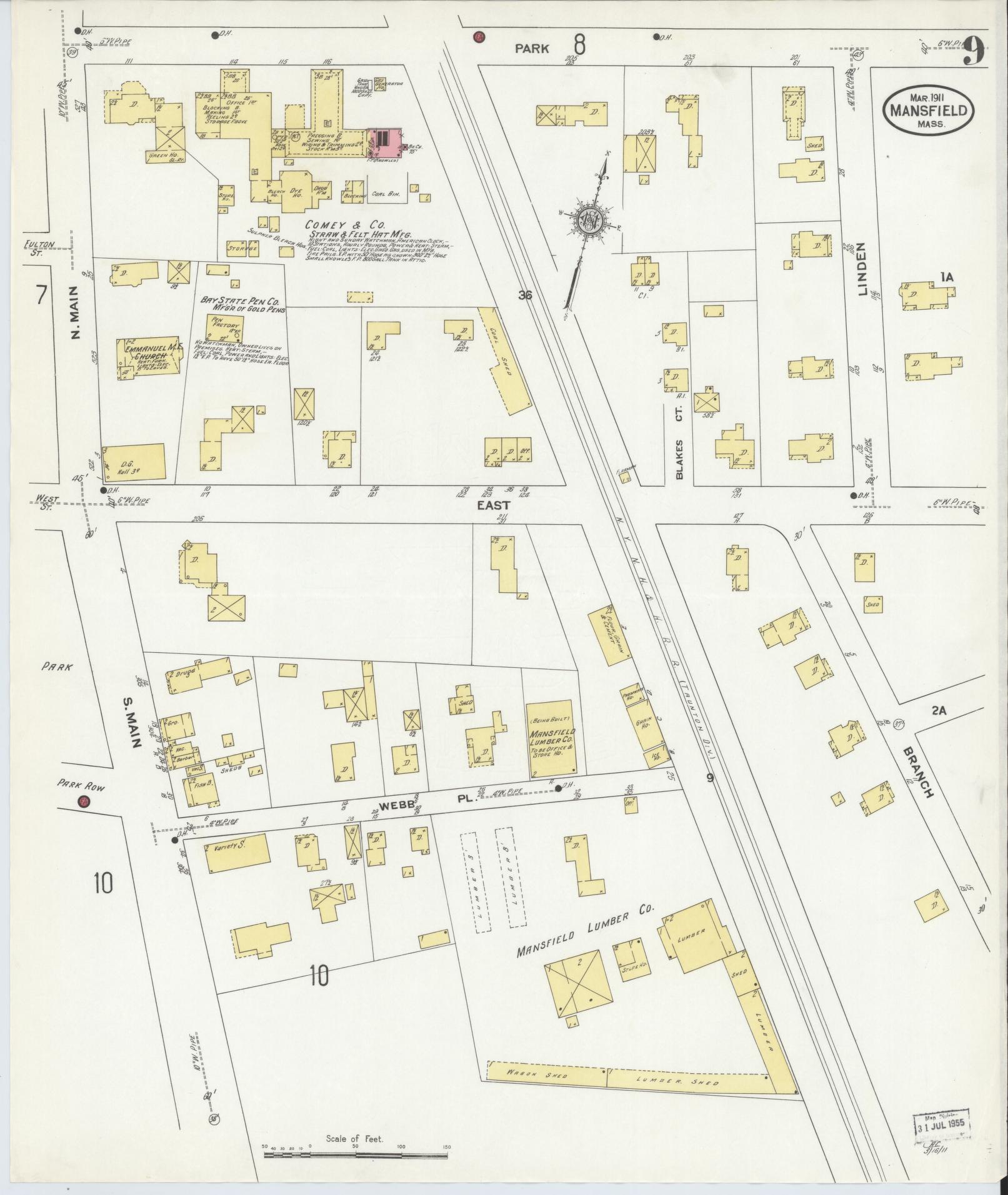 Sanborn Fire Insurance Map from Mansfield, Bristol County, Massachusetts (1911), Sheet #0009 - Historic Sanborn Fire Insurance Map Print, vintage old map wall art, antique decor, genealogy gift, Massachusetts Massachusetts map