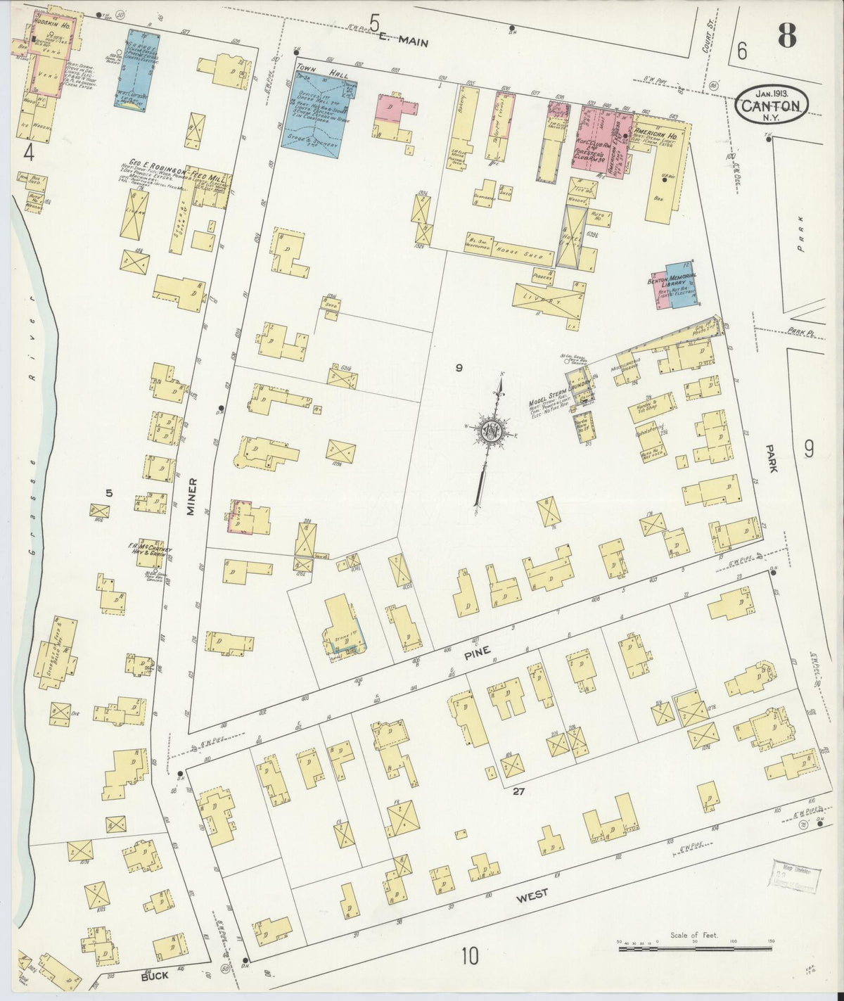 Sanborn Fire Insurance Map from Canton, St. Lawrence County, New York (1913), Sheet #0008 - Complete Map Set gallery image, historic Sanborn map, vintage wall art, New York New York