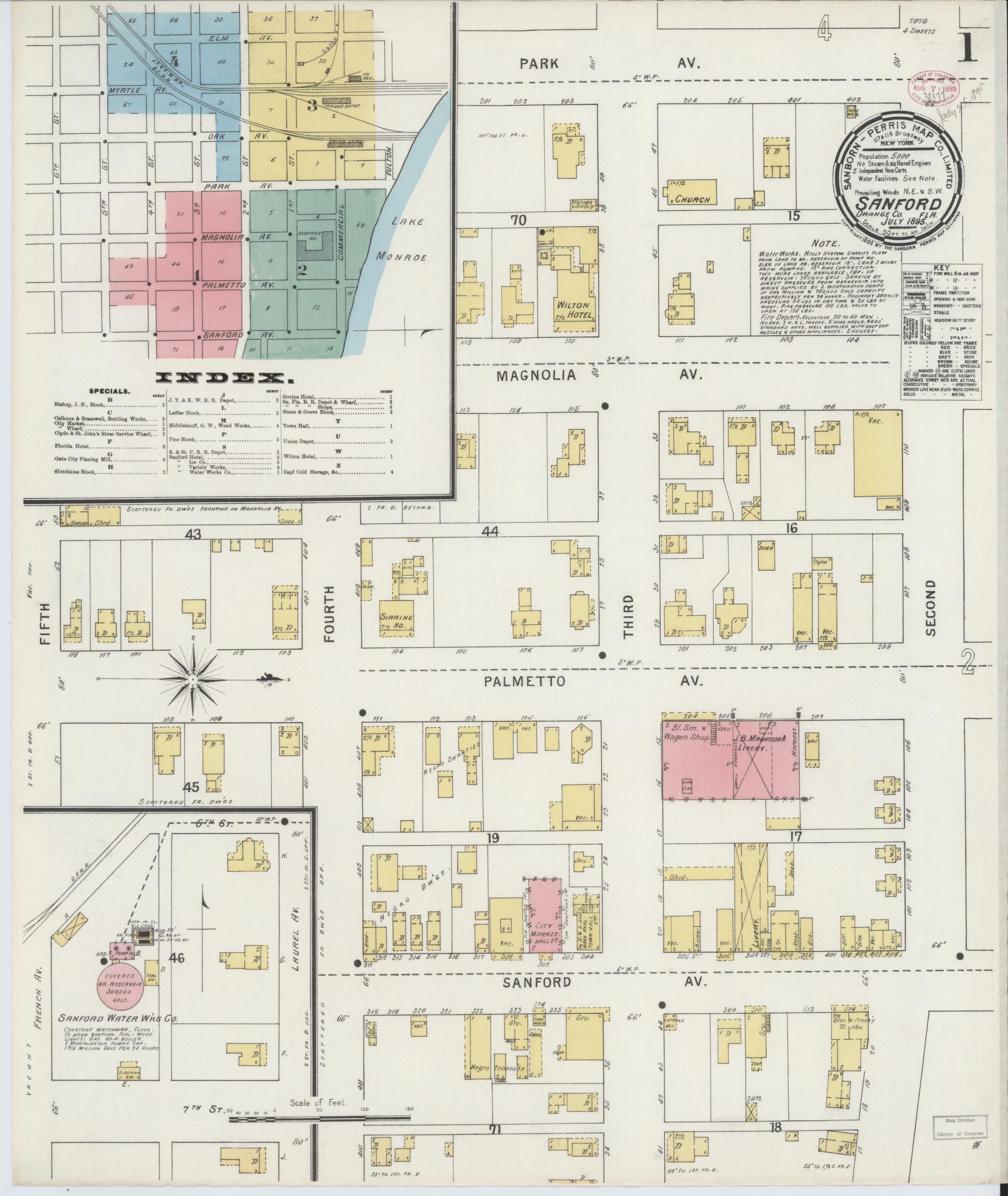 Sanborn Fire Insurance Map from Sanford, Seminole County, Florida (1895), Sheet #0001 - Complete Map Set gallery image, historic Sanborn map, vintage wall art, Florida Florida