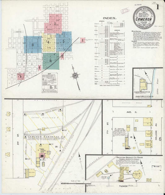 Sanborn Fire Insurance Map from Cameron, Milam County, Texas (1912), Sheet #0001 - Historic Sanborn Fire Insurance Map Print, vintage old map wall art, antique decor, genealogy gift, Texas Texas map