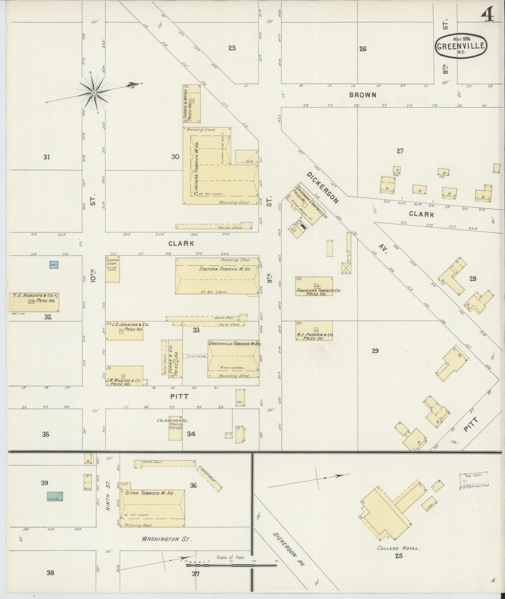 Sanborn Fire Insurance Map from Greenville, Pitt County, North Carolina (1896), Sheet #0004 - Historic Sanborn Fire Insurance Map Print, vintage old map wall art, antique decor, genealogy gift, North Carolina North Carolina map