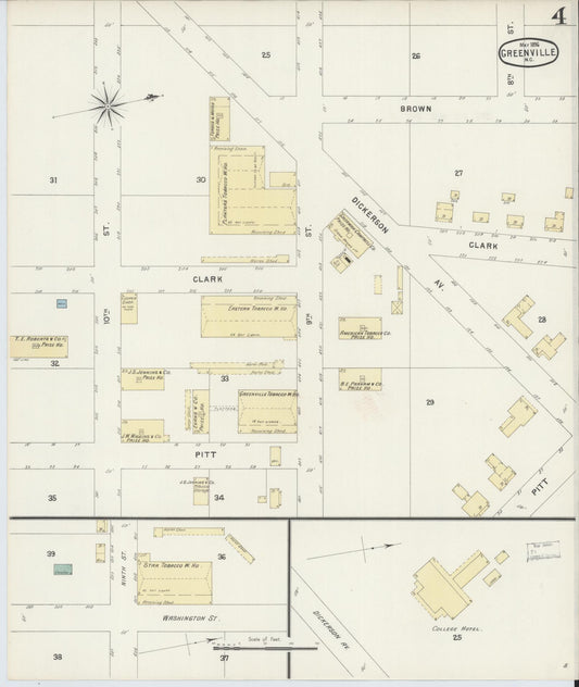 Sanborn Fire Insurance Map from Greenville, Pitt County, North Carolina (1896), Sheet #0004 - Historic Sanborn Fire Insurance Map Print, vintage old map wall art, antique decor, genealogy gift, North Carolina North Carolina map