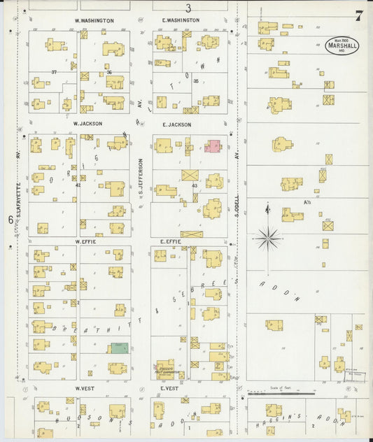 Sanborn Fire Insurance Map from Marshall, Saline County, Missouri (1900), Sheet #0007 - Historic Sanborn Fire Insurance Map Print, vintage old map wall art, antique decor, genealogy gift, Missouri Missouri map