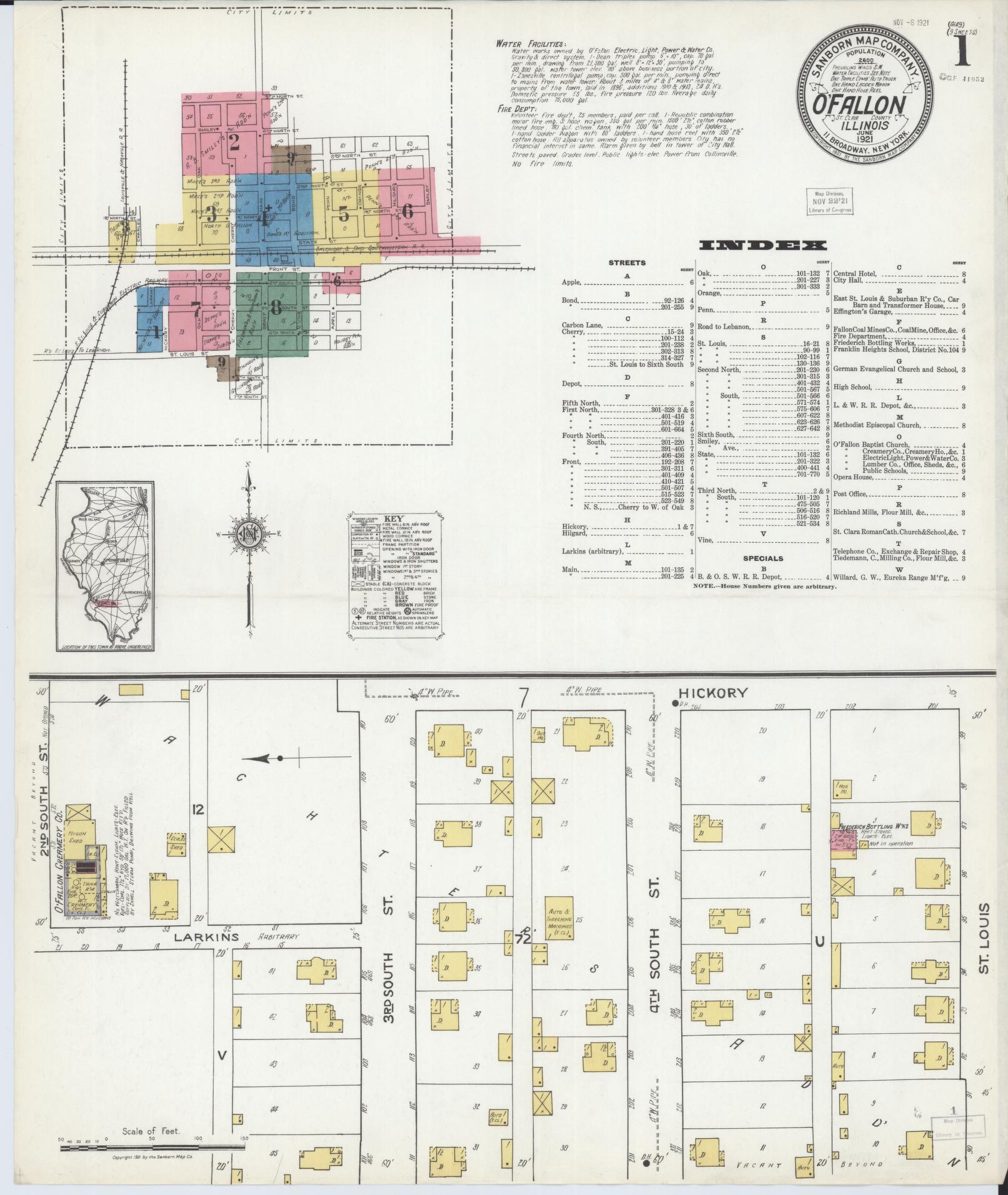 Sanborn Fire Insurance Map from O'Fallon, Saint Clair County, Illinois (1921), Sheet #0001 - Complete Map Set gallery image, historic Sanborn map, vintage wall art, Illinois Illinois