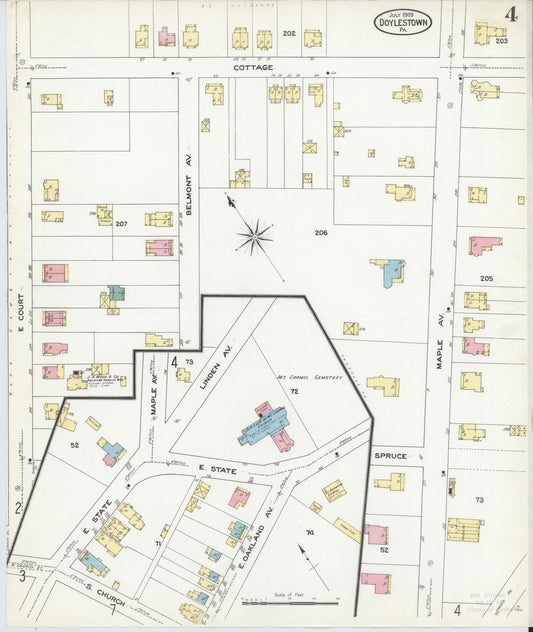 Sanborn Fire Insurance Map from Doylestown, Bucks County, Pennsylvania (1909), Sheet #0004 - Historic Sanborn Fire Insurance Map Print, vintage old map wall art, antique decor, genealogy gift, Pennsylvania Pennsylvania map