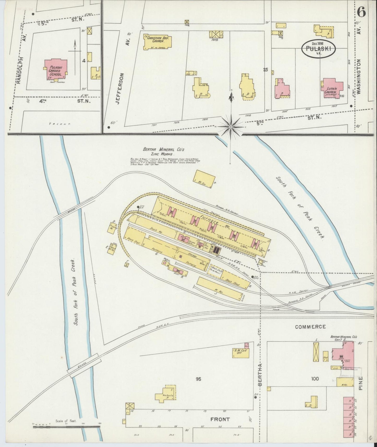 Sanborn Fire Insurance Map from Pulaski, Pulaski County, Virginia (1898), Sheet #0006 - Historic Sanborn Fire Insurance Map Print, vintage old map wall art, antique decor, genealogy gift, Virginia Virginia map