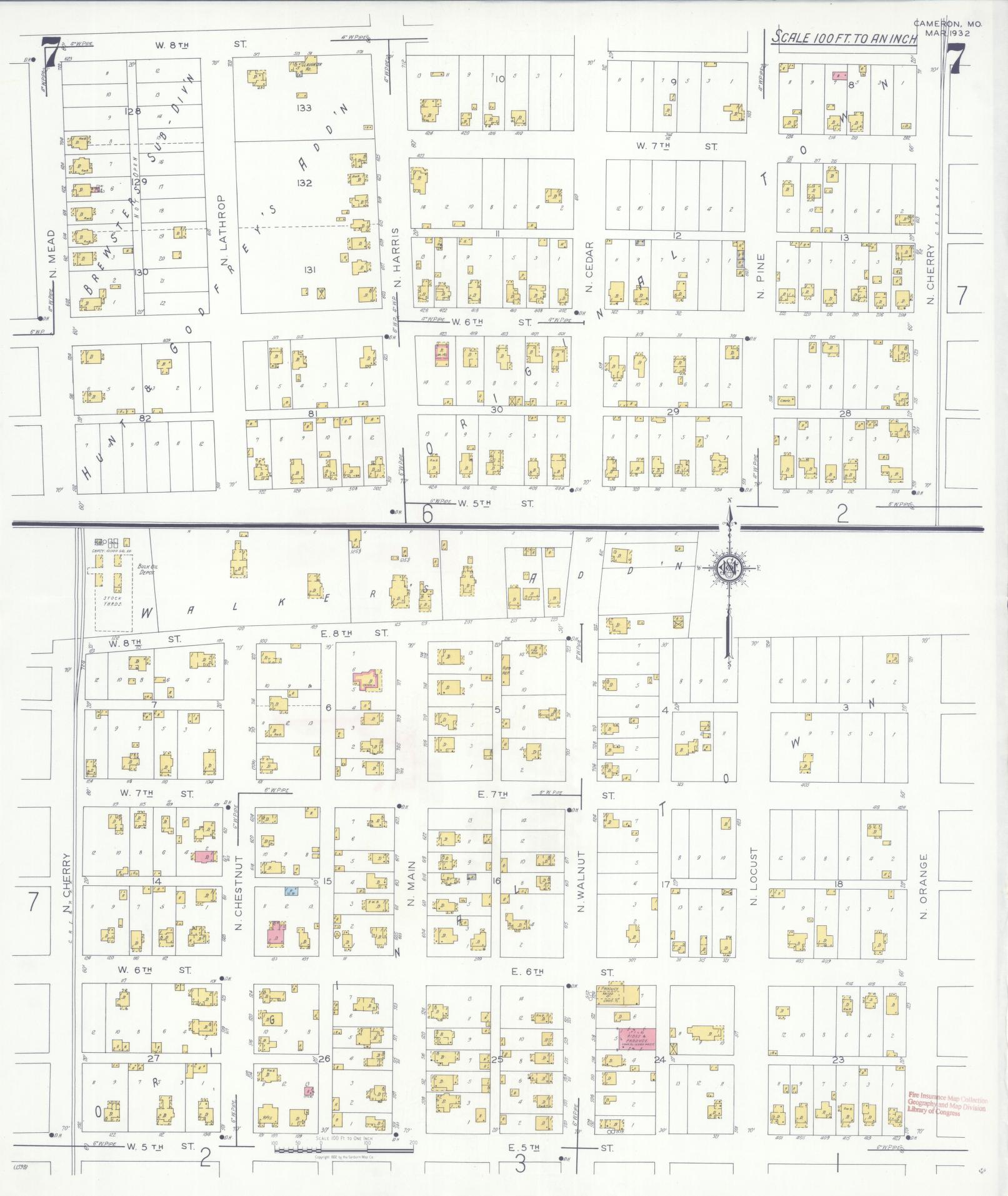 Sanborn Fire Insurance Map from Cameron, Clinton County, Missouri (1932), Sheet #0007 - Historic Sanborn Fire Insurance Map Print, vintage old map wall art, antique decor, genealogy gift, Missouri Missouri map