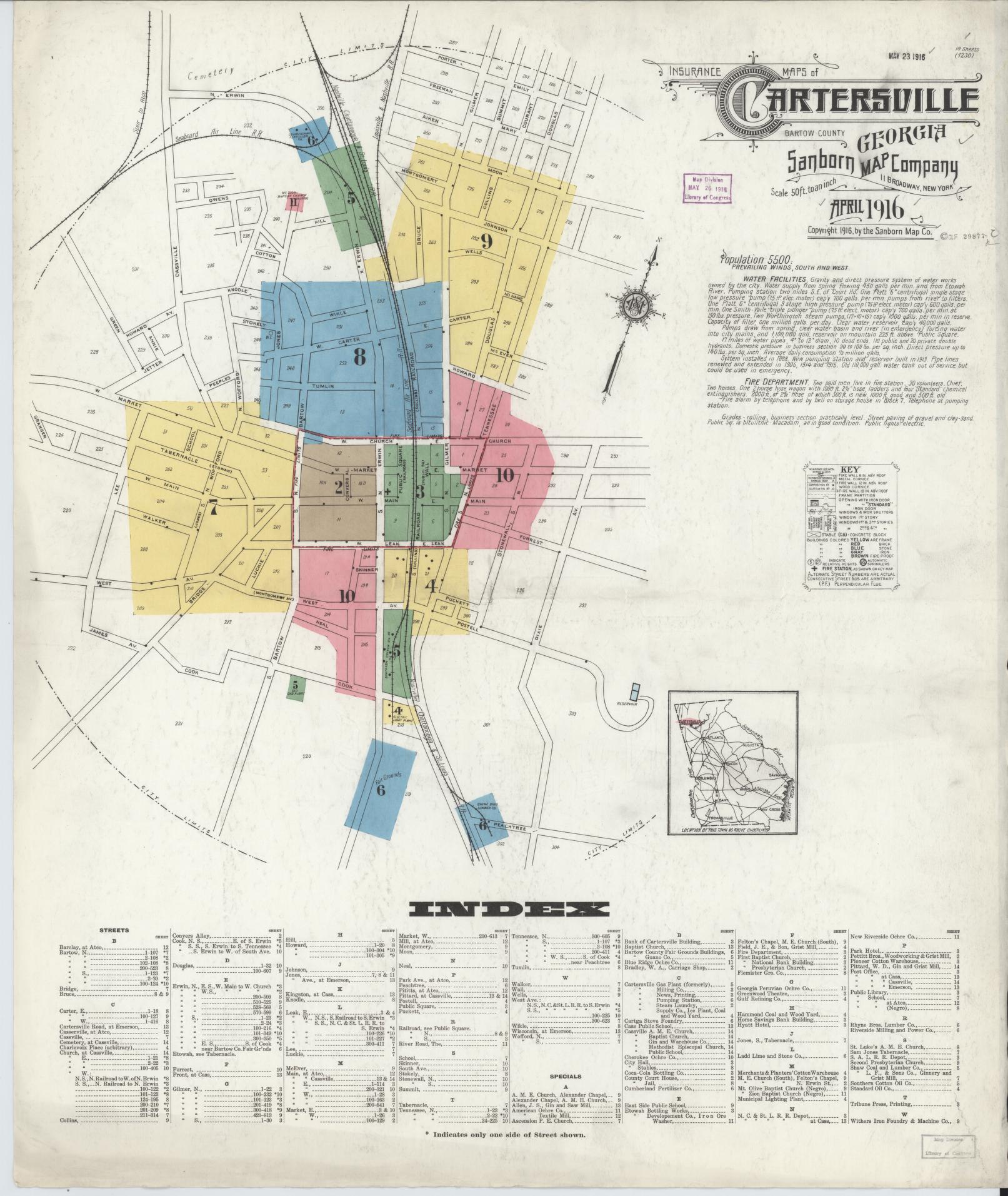 Sanborn Fire Insurance Map from Cartersville, Bartow County, Georgia (1916), Sheet #0001 - Complete Map Set gallery image, historic Sanborn map, vintage wall art, Georgia Georgia