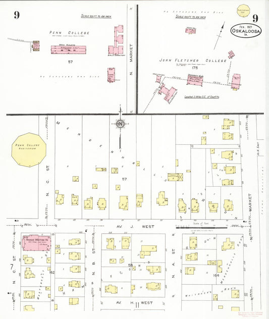 Sanborn Fire Insurance Map from Oskaloosa, Mahaska County, Iowa (1927), Sheet #0009 - Historic Sanborn Fire Insurance Map Print, vintage old map wall art