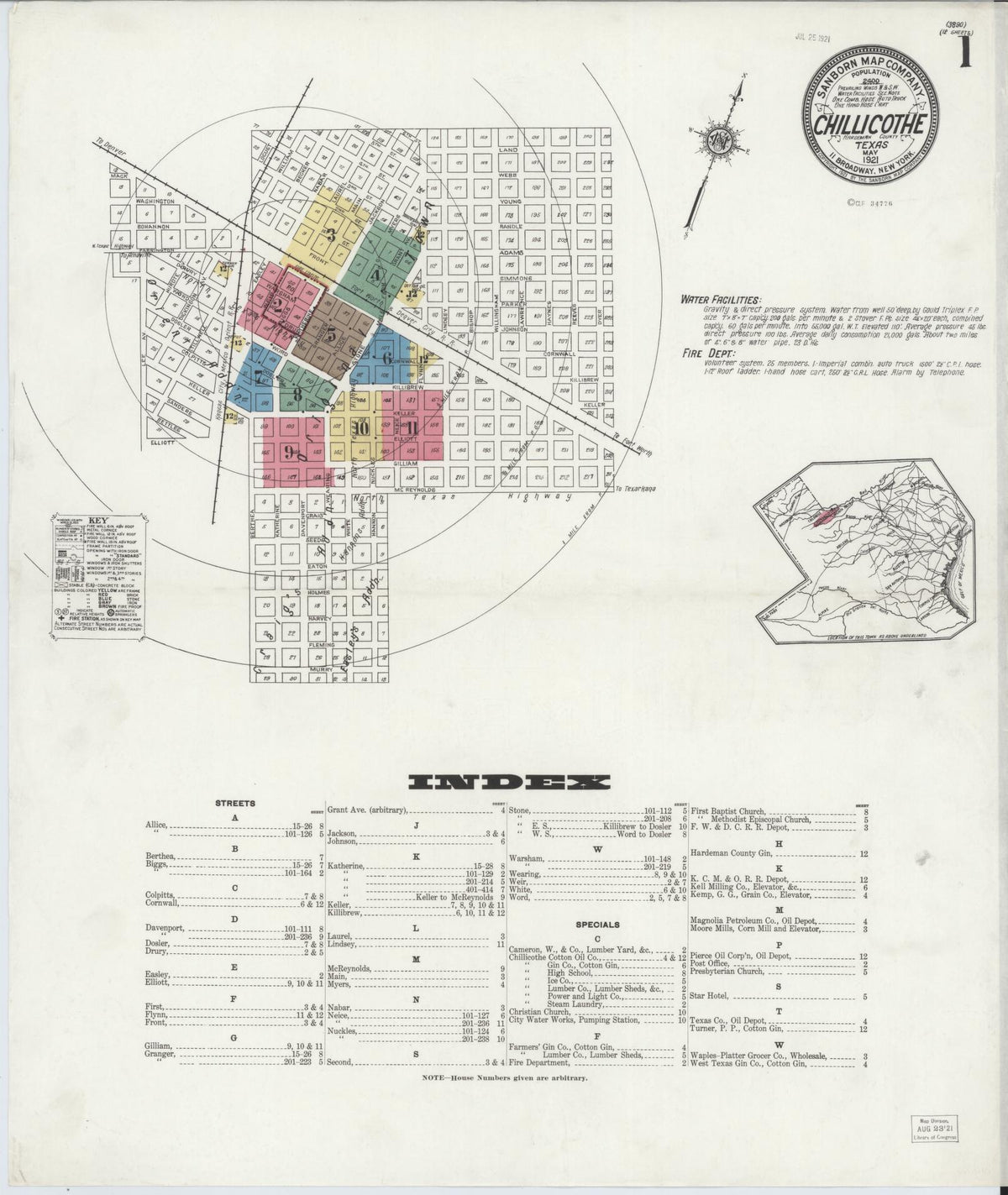 Sanborn Fire Insurance Map from Chillicothe, Hardeman County, Texas (1921), Sheet #0001 - Historic Sanborn Fire Insurance Map Print, vintage old map wall art, antique decor, genealogy gift, Texas Texas map
