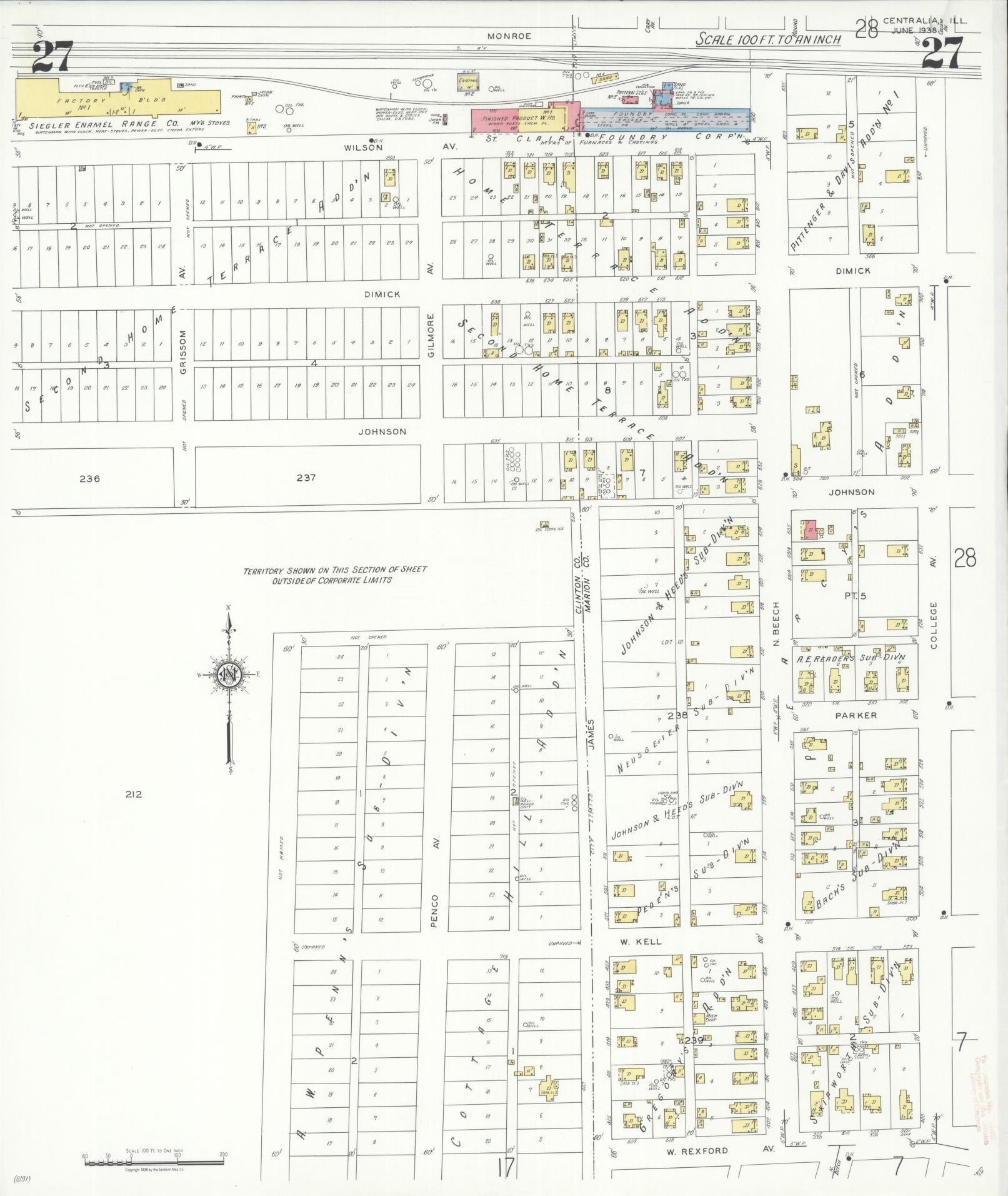 Sanborn Fire Insurance Map from Centralia, Marion, Clinton, Jefferson, and Washington Counties, Illinois (1938), Sheet #0027 - Historic Sanborn Fire Insurance Map Print, vintage old map wall art, antique decor, genealogy gift, Illinois Illinois map