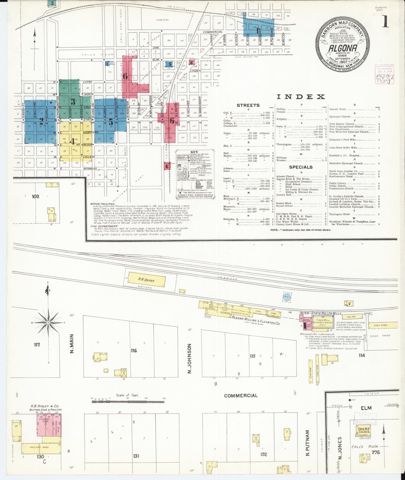 Sanborn Fire Insurance Map from Algona, Kossuth County, Iowa (1907), Sheet #0001 - Historic Sanborn Fire Insurance Map Print, vintage old map wall art