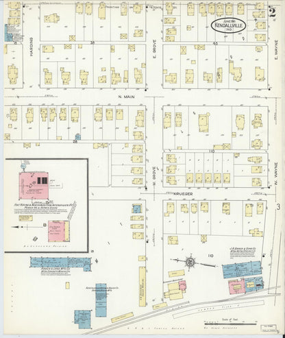 Sanborn Fire Insurance Map from Kendallville, Noble County, Indiana (1914), Sheet #0002 - Historic Sanborn Fire Insurance Map Print, vintage old map wall art, antique decor, genealogy gift, Indiana Indiana map