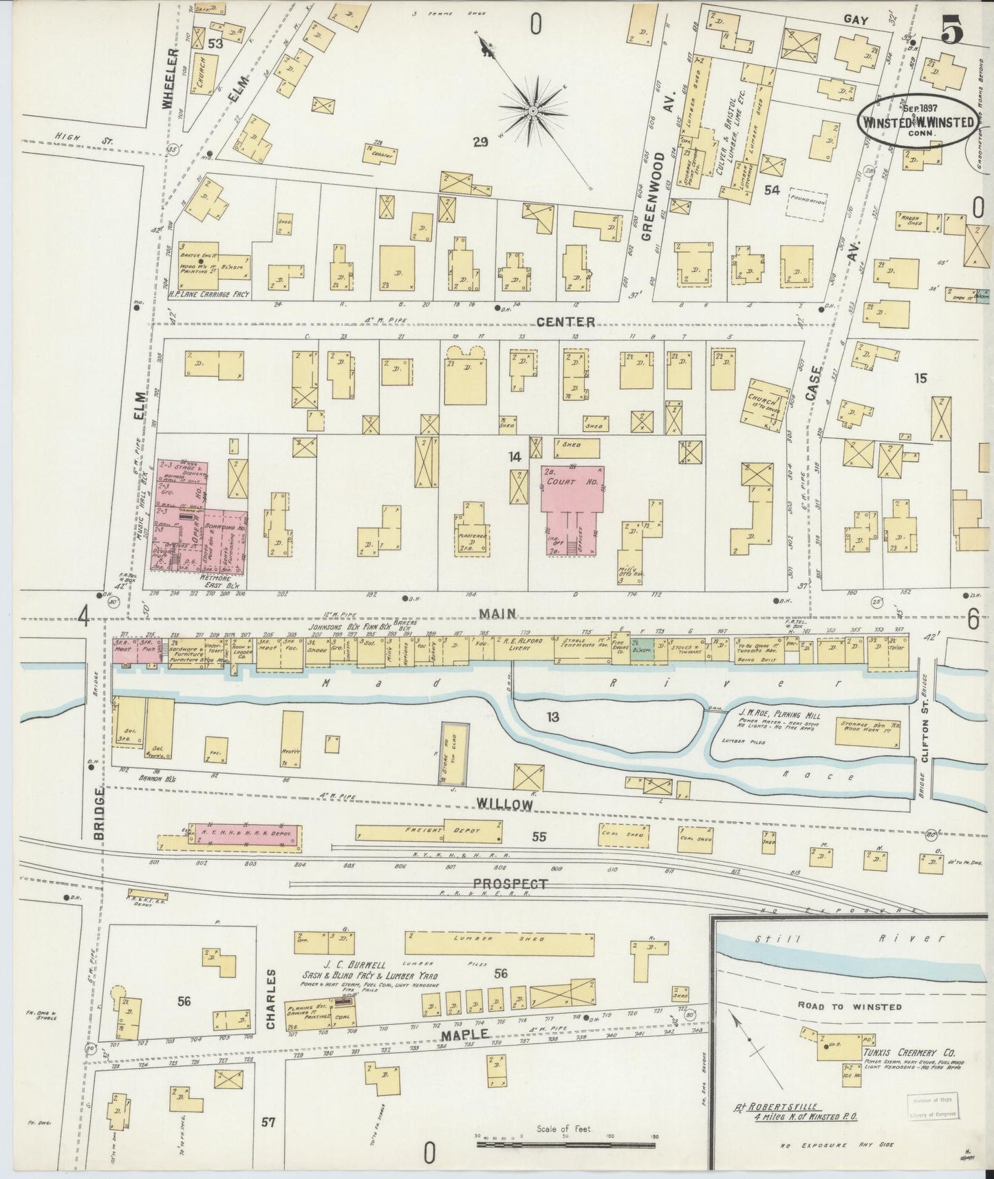 Sanborn Fire Insurance Map from Winsted, Litchfield County, Connecticut (1897), Sheet #0005 - Historic Sanborn Fire Insurance Map Print, vintage old map wall art, antique decor, genealogy gift, Connecticut Connecticut map